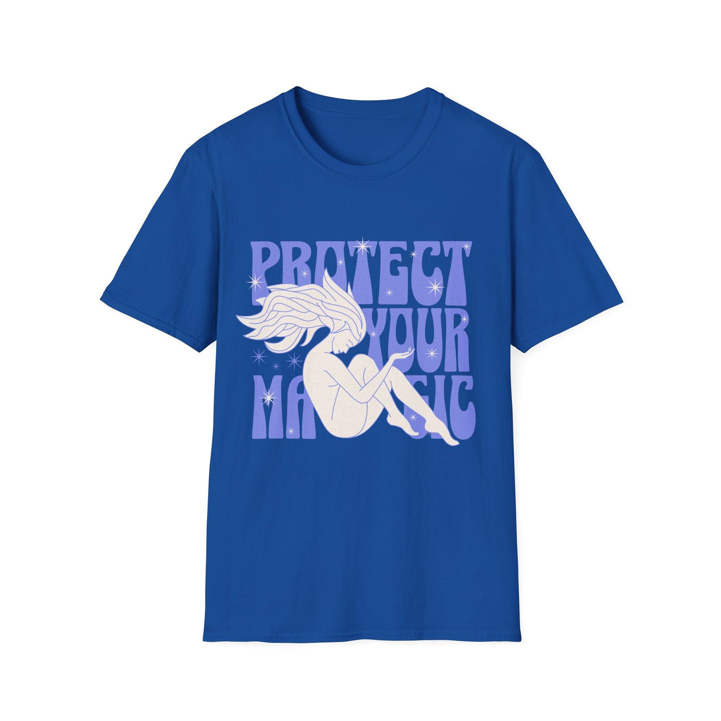 Empowering "Protect Your Magic" graphic t-shirt on blue fabric showcases a white silhouette of a nude woman with flowing star-speckled hair, seated in a meditative pose, surrounded by groovy purple 70s-style typography. Ideal for witchy vibes, spiritual empowerment apparel, feminist boho fashion, astrology merchandise, and mystic streetwear enthusiasts.