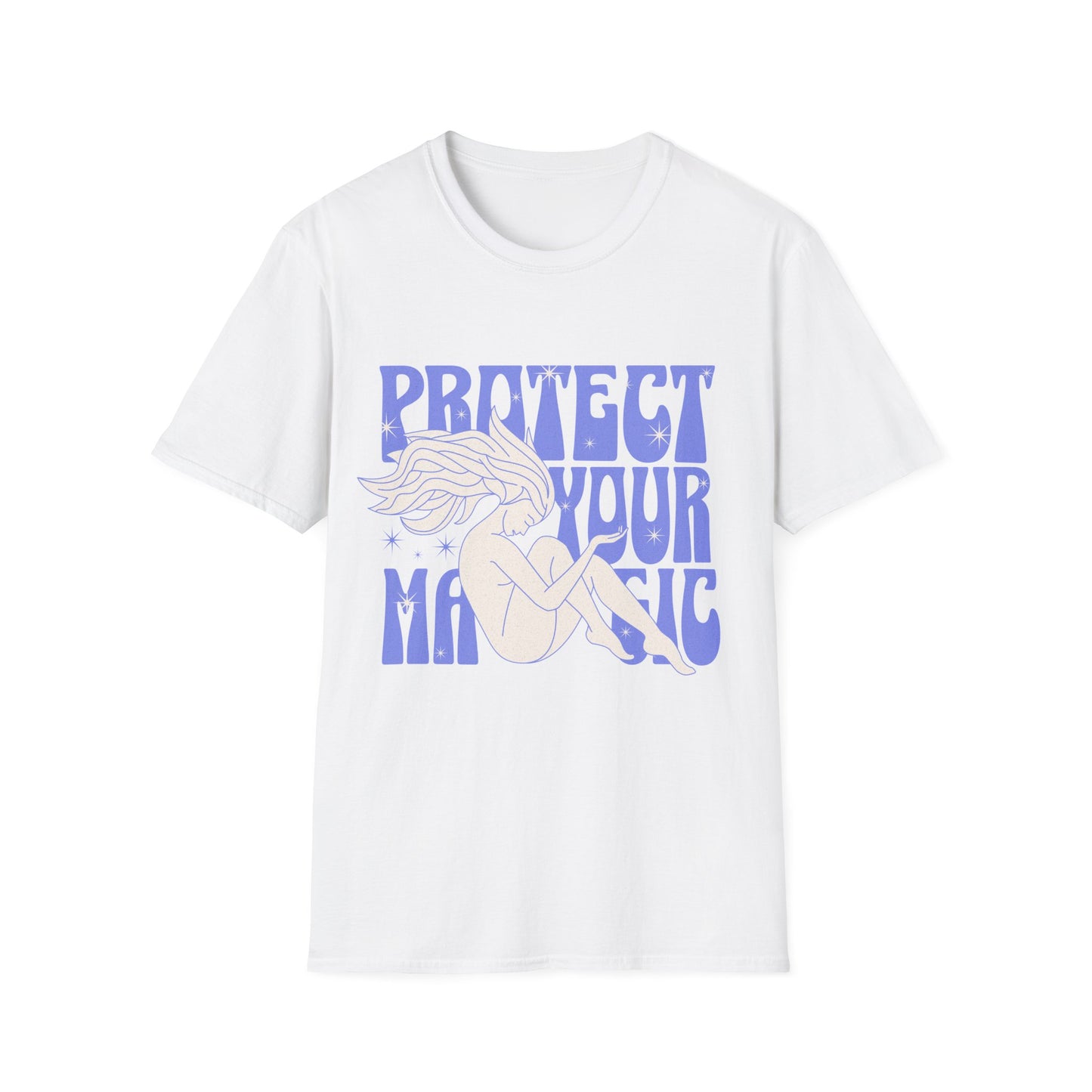 Empowering "Protect Your Magic" graphic t-shirt on blue fabric showcases a white silhouette of a nude woman with flowing star-speckled hair, seated in a meditative pose, surrounded by groovy purple 70s-style typography. Ideal for witchy vibes, spiritual empowerment apparel, feminist boho fashion, astrology merchandise, and mystic streetwear enthusiasts.