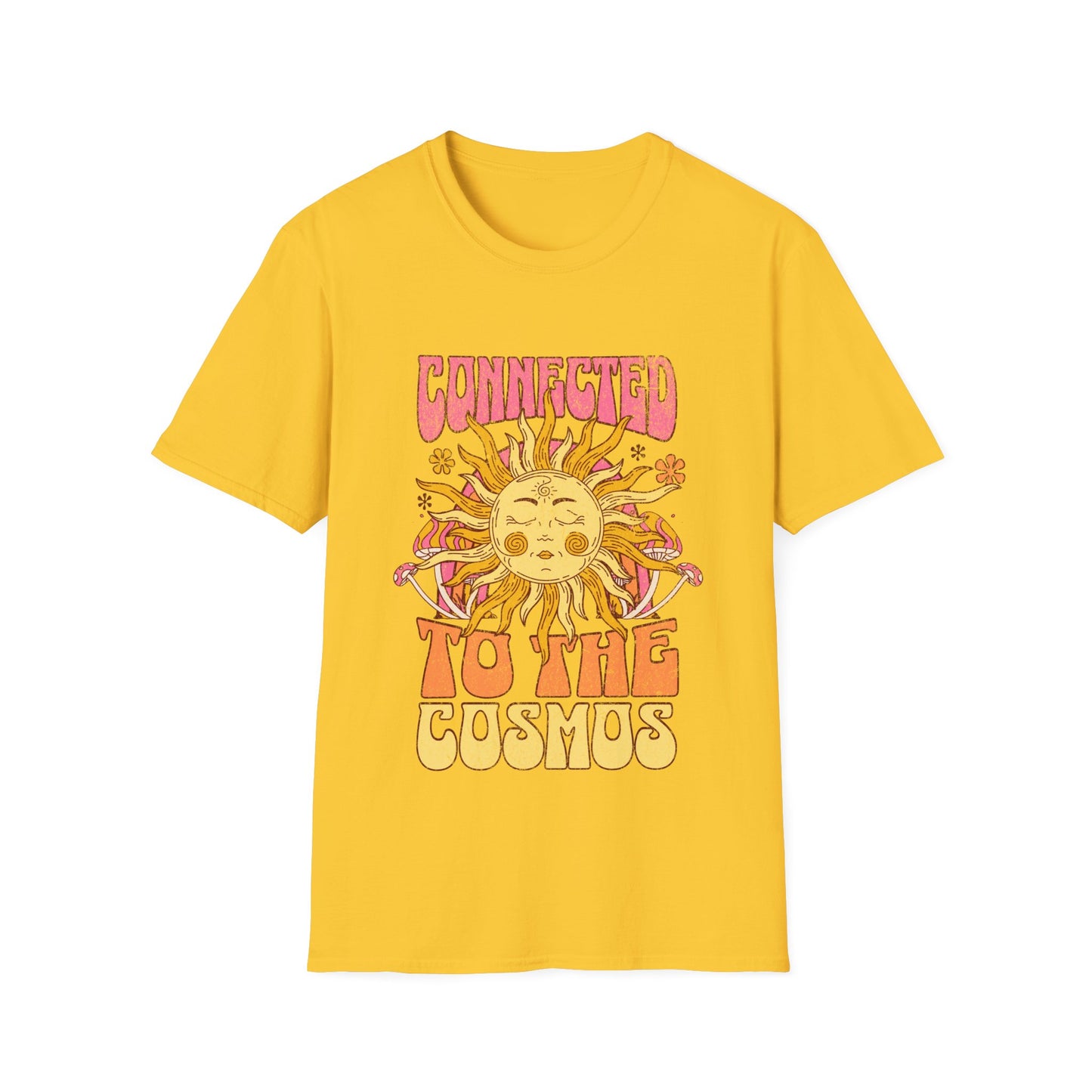 Vibrant psychedelic "Connected to the Cosmos" graphic t-shirt features a smiling orange sun with radiating rays and colorful psychedelic mushrooms on a dark fabric background. Bold pink-to-orange gradient text reads "CONNECTED TO THE COSMOS," perfect for astrology lovers, boho festival wear, hippie cosmic apparel, zodiac sun merchandise, and spiritual streetwear