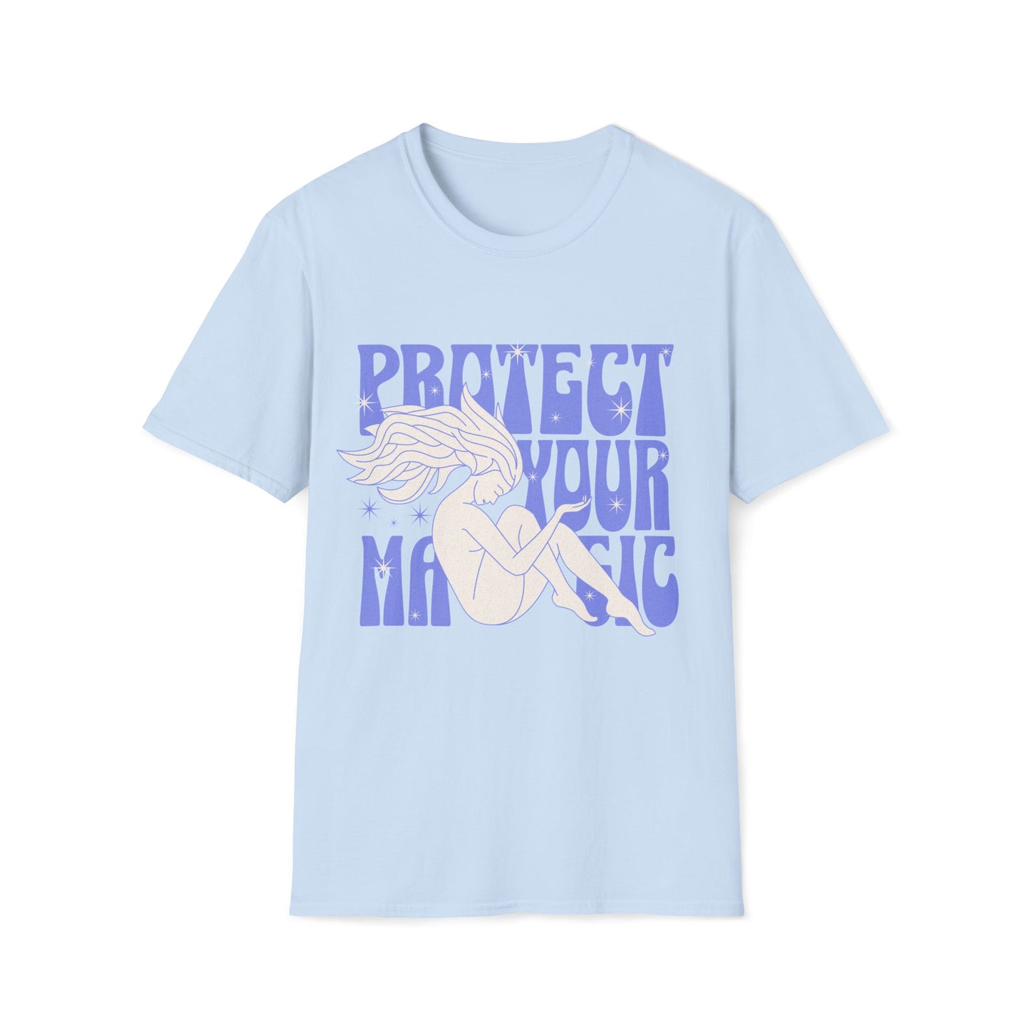 Empowering "Protect Your Magic" graphic t-shirt on blue fabric showcases a white silhouette of a nude woman with flowing star-speckled hair, seated in a meditative pose, surrounded by groovy purple 70s-style typography. Ideal for witchy vibes, spiritual empowerment apparel, feminist boho fashion, astrology merchandise, and mystic streetwear enthusiasts.
