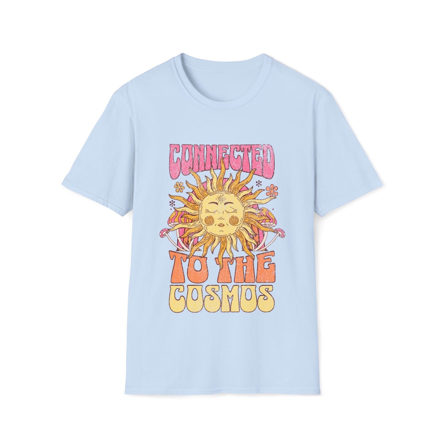 Vibrant psychedelic "Connected to the Cosmos" graphic t-shirt features a smiling orange sun with radiating rays and colorful psychedelic mushrooms on a dark fabric background. Bold pink-to-orange gradient text reads "CONNECTED TO THE COSMOS," perfect for astrology lovers, boho festival wear, hippie cosmic apparel, zodiac sun merchandise, and spiritual streetwear
