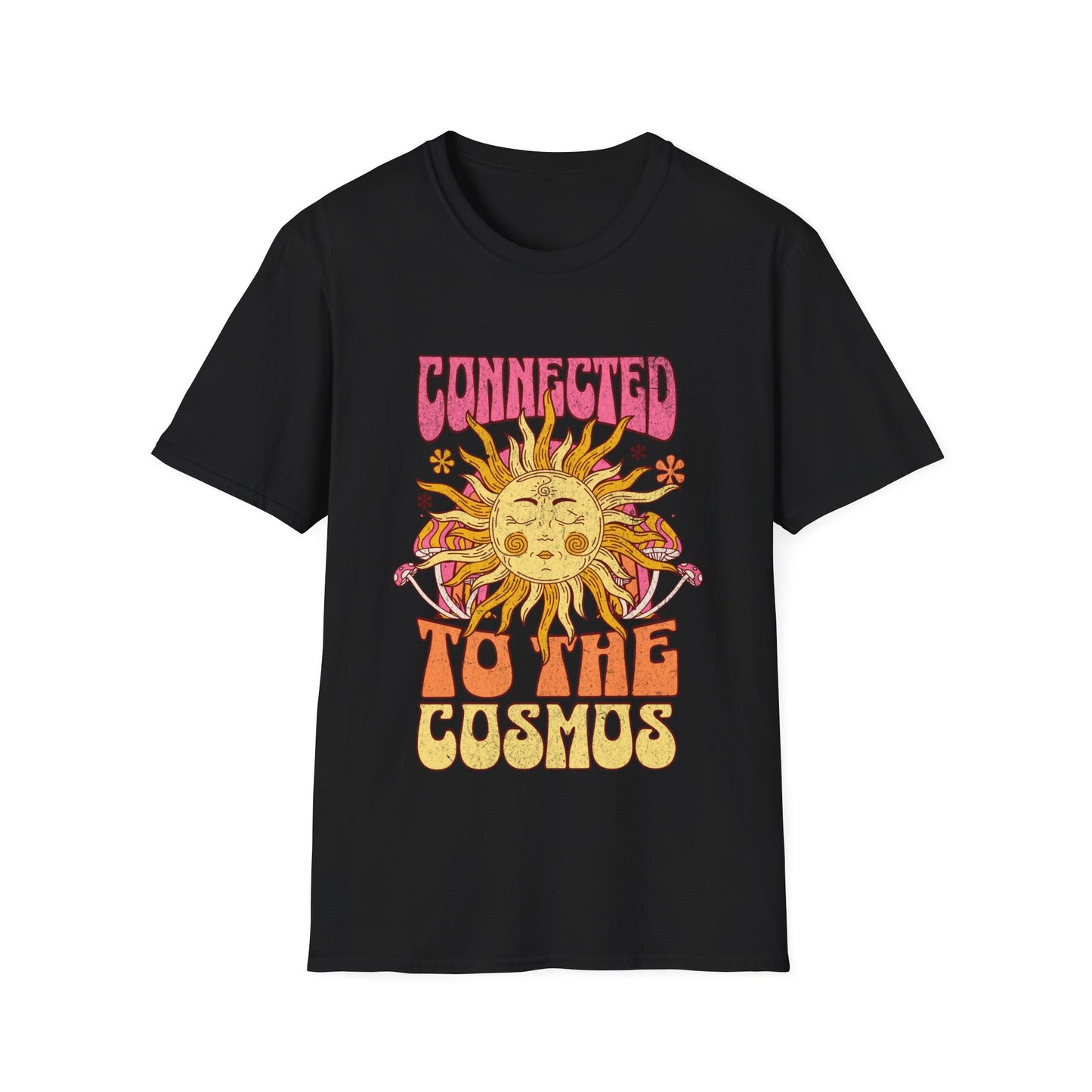 Vibrant psychedelic "Connected to the Cosmos" graphic t-shirt features a smiling orange sun with radiating rays and colorful psychedelic mushrooms on a dark fabric background. Bold pink-to-orange gradient text reads "CONNECTED TO THE COSMOS," perfect for astrology lovers, boho festival wear, hippie cosmic apparel, zodiac sun merchandise, and spiritual streetwear