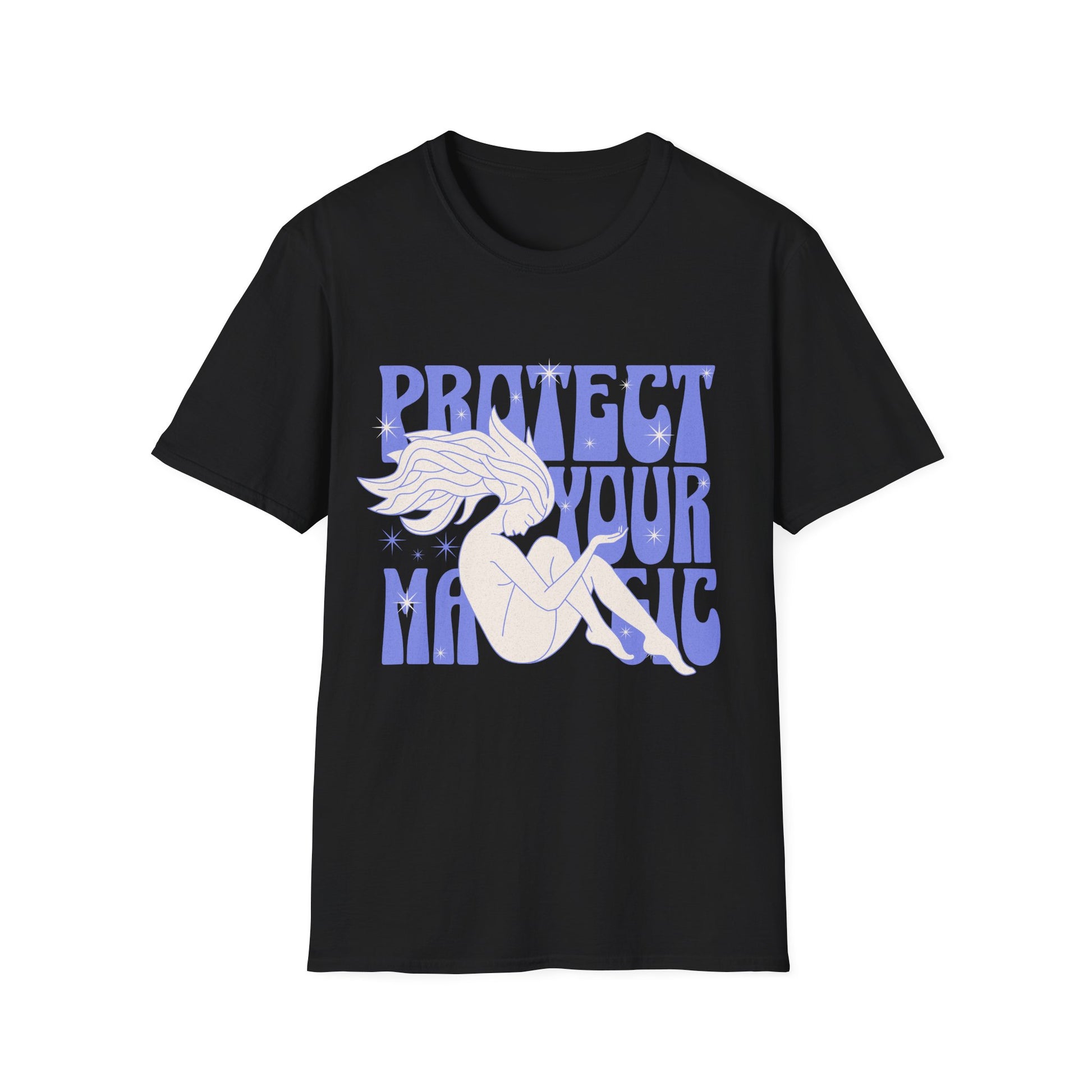 Empowering "Protect Your Magic" graphic t-shirt on blue fabric showcases a white silhouette of a nude woman with flowing star-speckled hair, seated in a meditative pose, surrounded by groovy purple 70s-style typography. Ideal for witchy vibes, spiritual empowerment apparel, feminist boho fashion, astrology merchandise, and mystic streetwear enthusiasts.