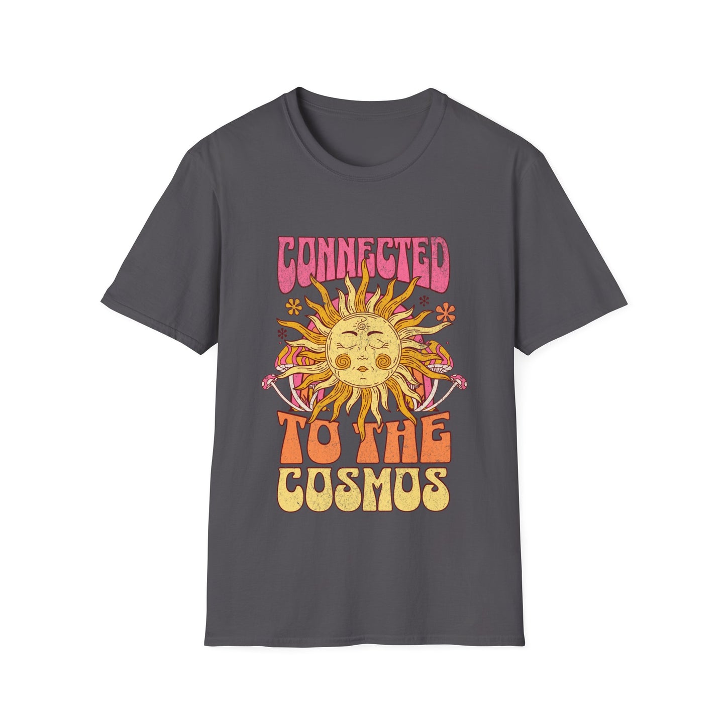 Vibrant psychedelic "Connected to the Cosmos" graphic t-shirt features a smiling orange sun with radiating rays and colorful psychedelic mushrooms on a dark fabric background. Bold pink-to-orange gradient text reads "CONNECTED TO THE COSMOS," perfect for astrology lovers, boho festival wear, hippie cosmic apparel, zodiac sun merchandise, and spiritual streetwear