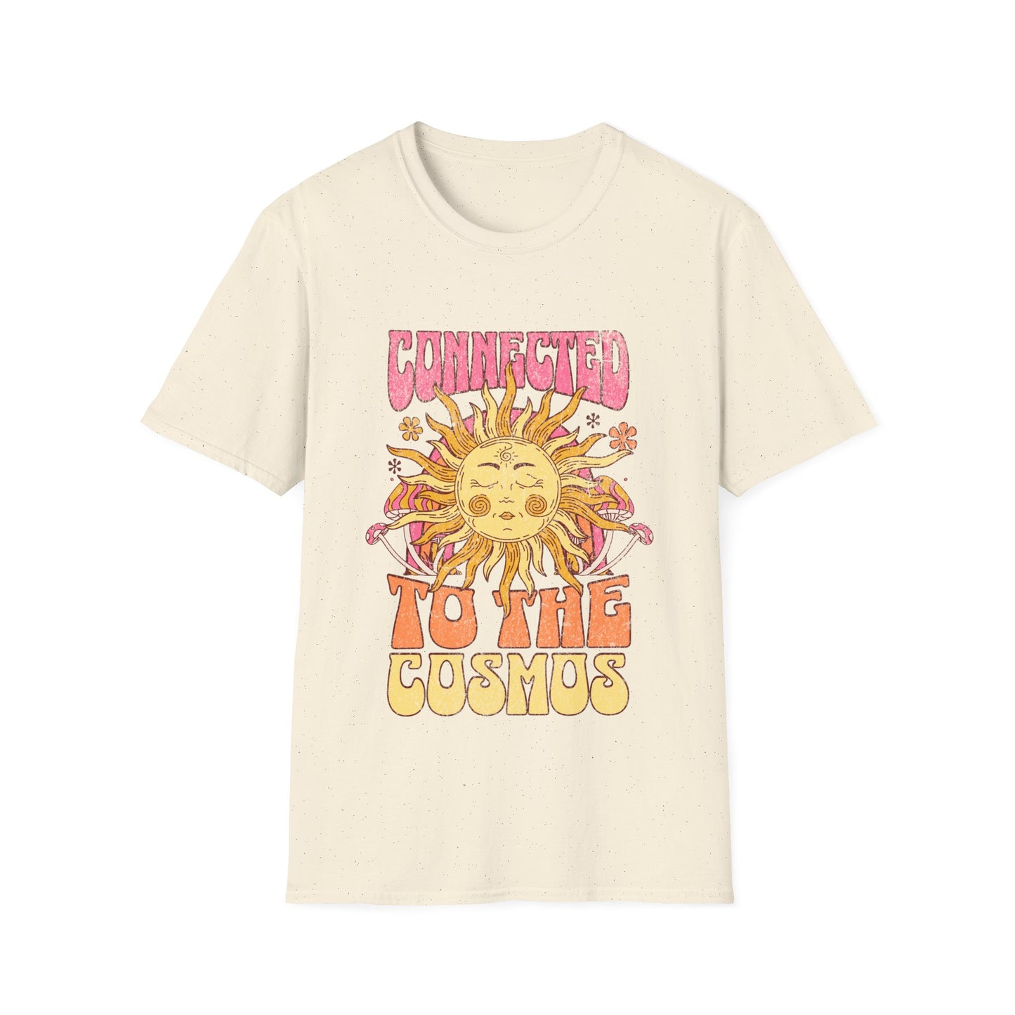 Vibrant psychedelic "Connected to the Cosmos" graphic t-shirt features a smiling orange sun with radiating rays and colorful psychedelic mushrooms on a dark fabric background. Bold pink-to-orange gradient text reads "CONNECTED TO THE COSMOS," perfect for astrology lovers, boho festival wear, hippie cosmic apparel, zodiac sun merchandise, and spiritual streetwear