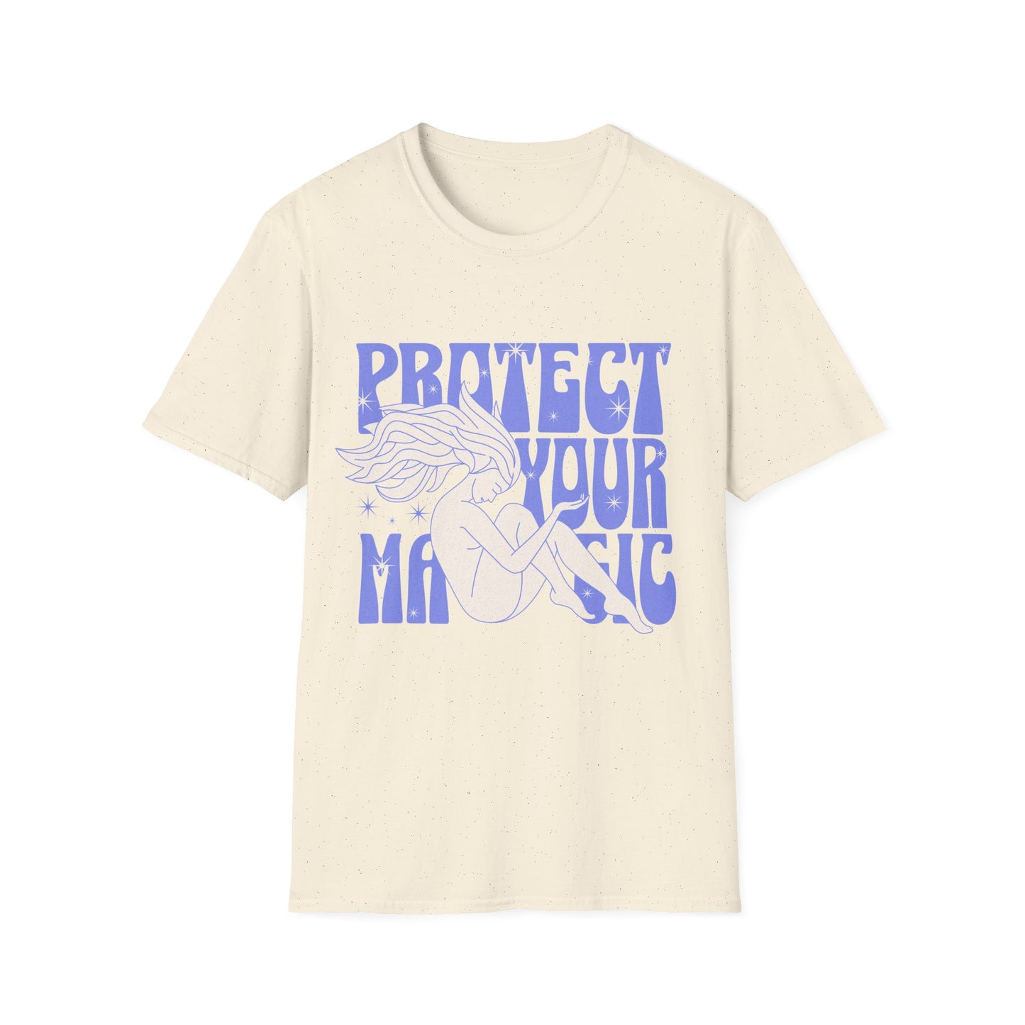 Empowering "Protect Your Magic" graphic t-shirt on blue fabric showcases a white silhouette of a nude woman with flowing star-speckled hair, seated in a meditative pose, surrounded by groovy purple 70s-style typography. Ideal for witchy vibes, spiritual empowerment apparel, feminist boho fashion, astrology merchandise, and mystic streetwear enthusiasts.