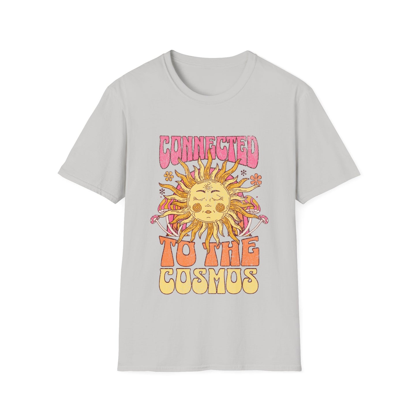 Vibrant psychedelic "Connected to the Cosmos" graphic t-shirt features a smiling orange sun with radiating rays and colorful psychedelic mushrooms on a dark fabric background. Bold pink-to-orange gradient text reads "CONNECTED TO THE COSMOS," perfect for astrology lovers, boho festival wear, hippie cosmic apparel, zodiac sun merchandise, and spiritual streetwear
