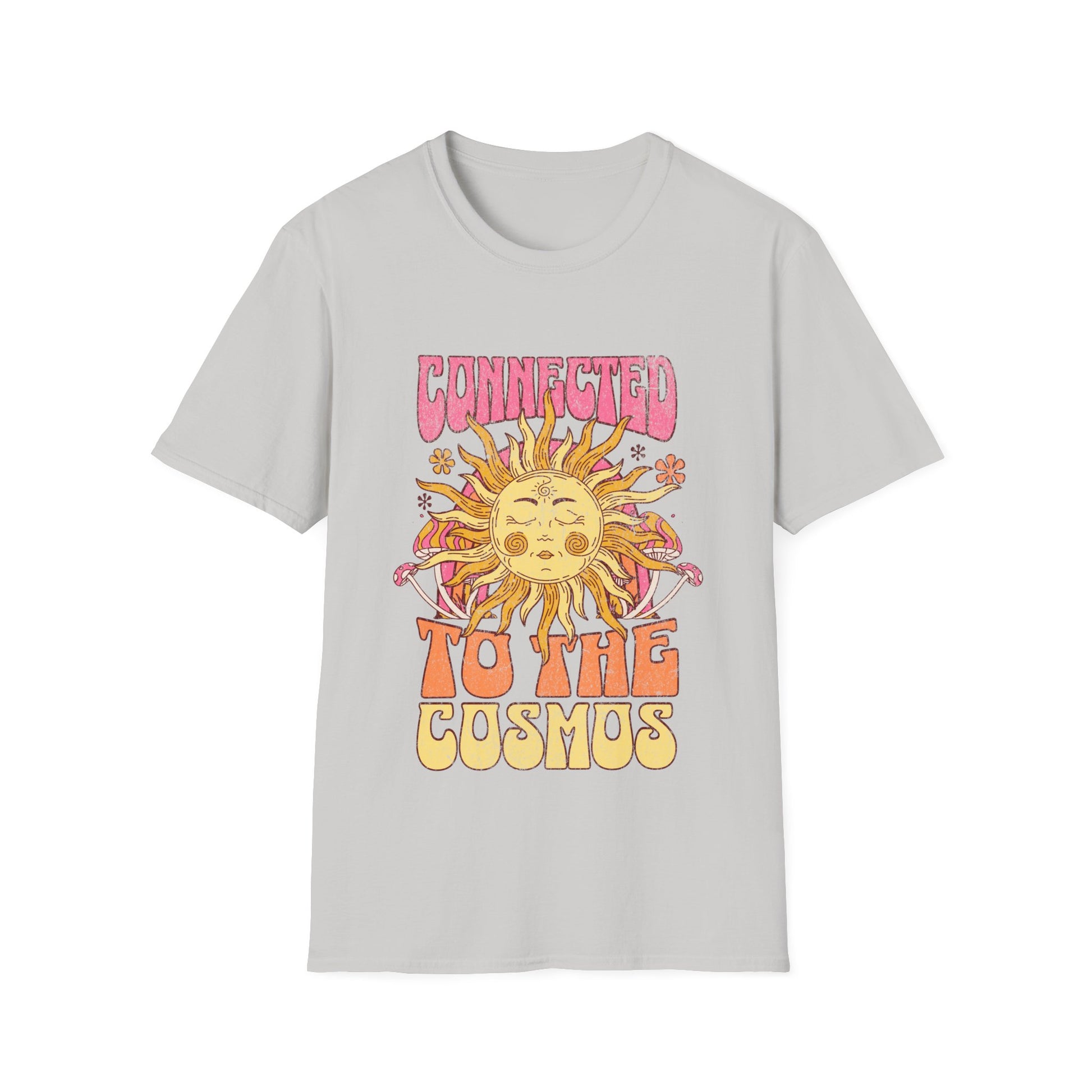 Vibrant psychedelic "Connected to the Cosmos" graphic t-shirt features a smiling orange sun with radiating rays and colorful psychedelic mushrooms on a dark fabric background. Bold pink-to-orange gradient text reads "CONNECTED TO THE COSMOS," perfect for astrology lovers, boho festival wear, hippie cosmic apparel, zodiac sun merchandise, and spiritual streetwear