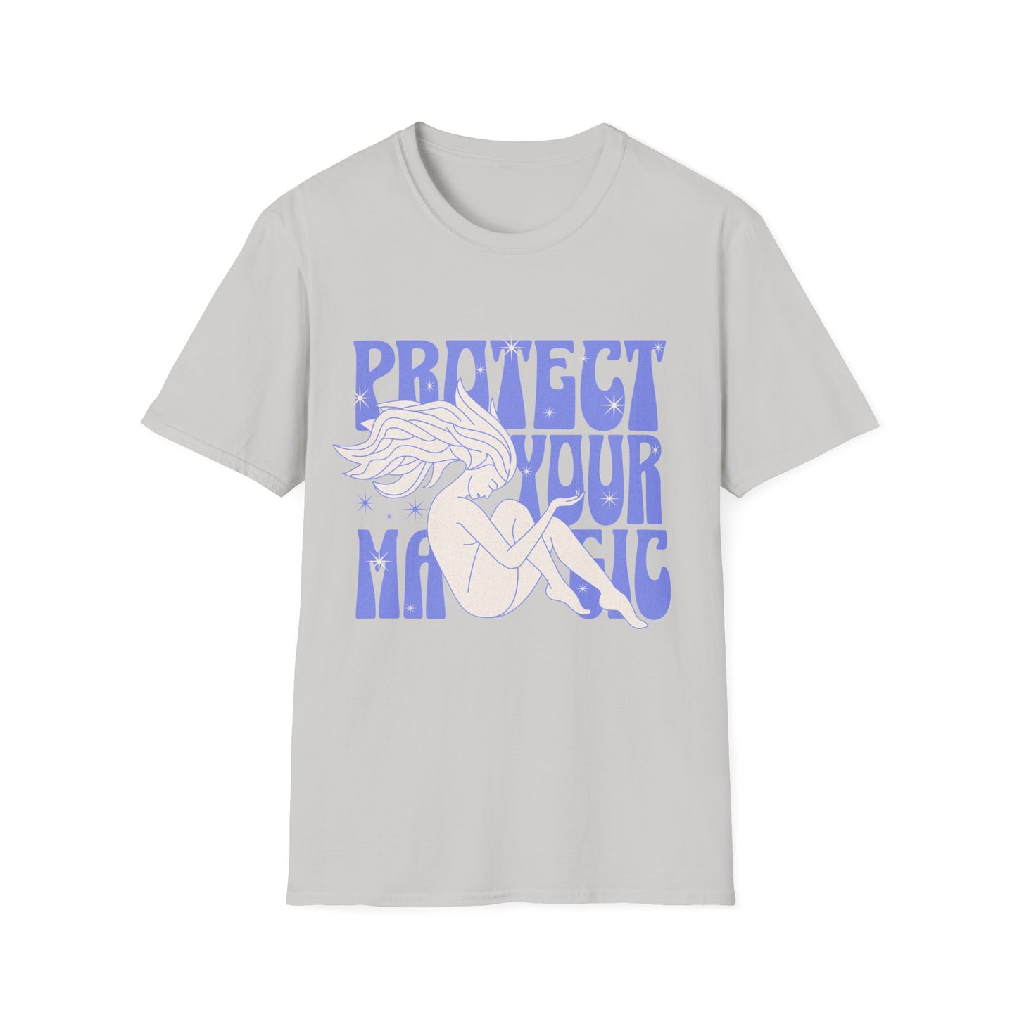 Empowering "Protect Your Magic" graphic t-shirt on blue fabric showcases a white silhouette of a nude woman with flowing star-speckled hair, seated in a meditative pose, surrounded by groovy purple 70s-style typography. Ideal for witchy vibes, spiritual empowerment apparel, feminist boho fashion, astrology merchandise, and mystic streetwear enthusiasts.