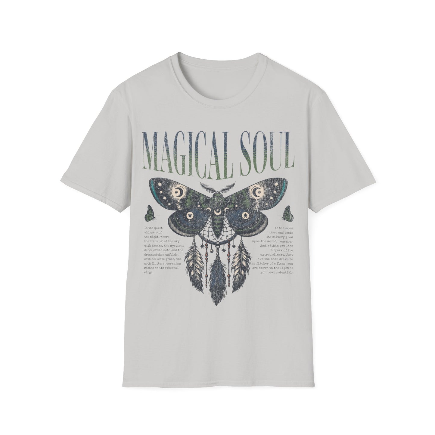 A flat-lay photograph of a Ice grey t-shirt featuring a detailed, mystical graphic design. The artwork displays a large moth integrated with a dreamcatcher, adorned with celestial symbols like stars and moons. Below the moth is a printed poem