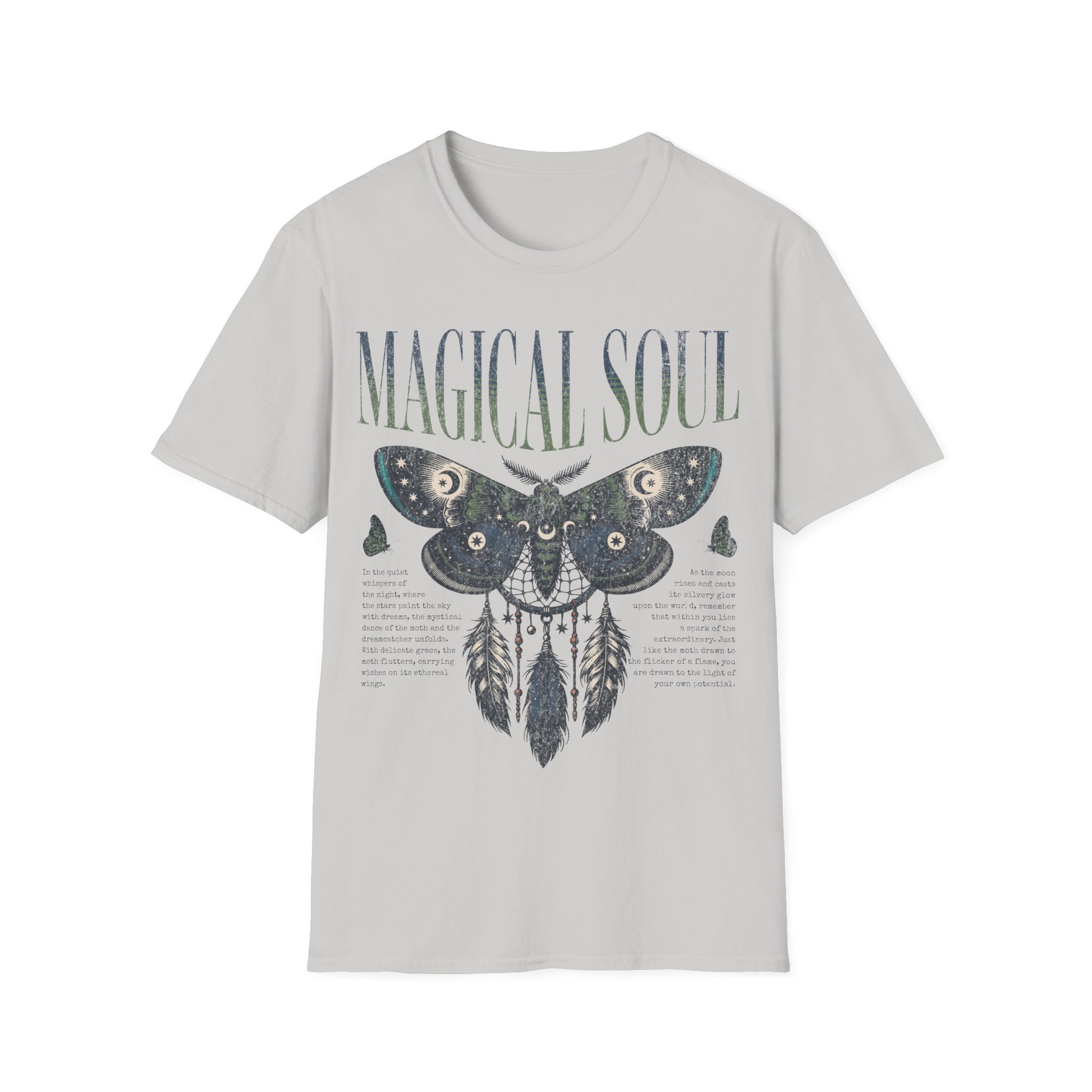 A flat-lay photograph of a Ice grey t-shirt featuring a detailed, mystical graphic design. The artwork displays a large moth integrated with a dreamcatcher, adorned with celestial symbols like stars and moons. Below the moth is a printed poem