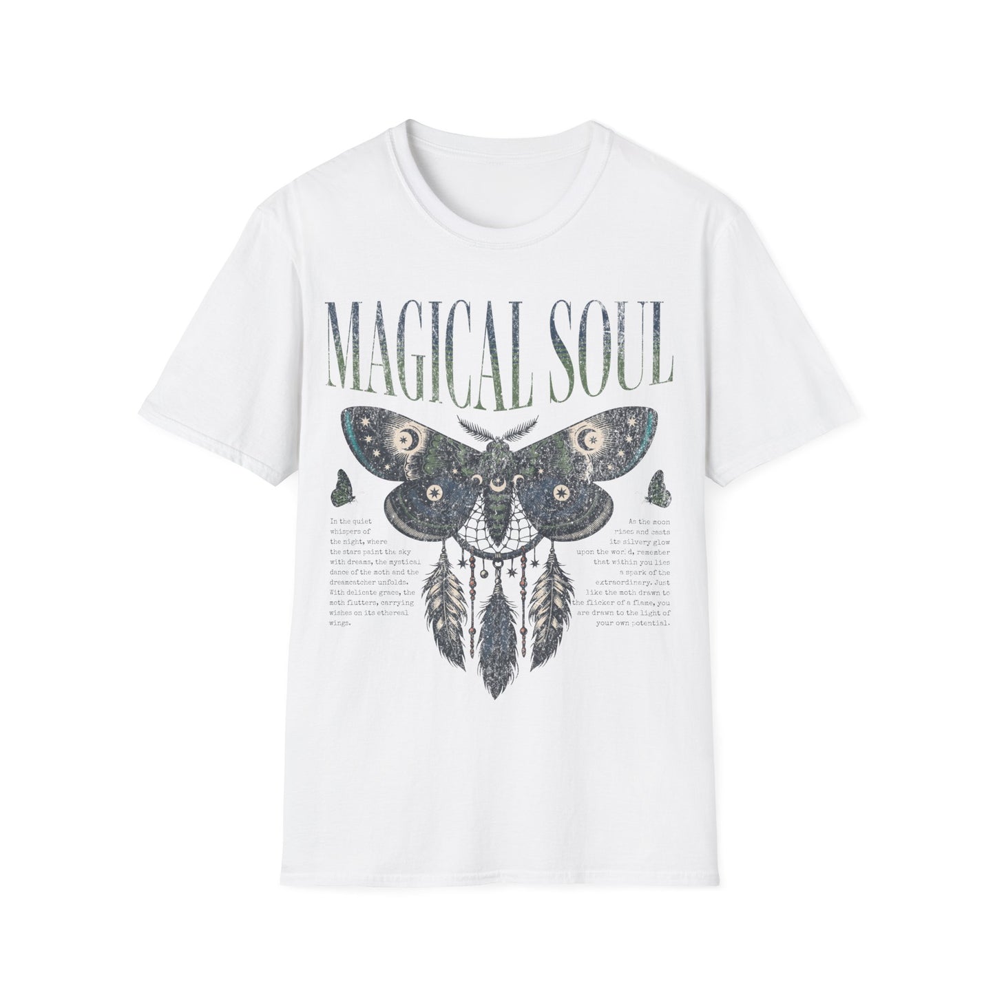 A flat-lay photograph of a light white t-shirt featuring a detailed, mystical graphic design. The artwork displays a large moth integrated with a dreamcatcher, adorned with celestial symbols like stars and moons. Below the moth is a printed poem